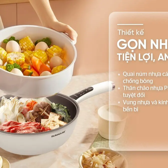 [MẪU MỚI] Chảo điện đa năng dung tích 5L SUNHOUSE SHD4555, 6 chức năng chiên, xào, lẩu, hấp, nấu cháo, giữ ấm 2