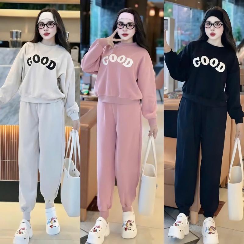  Bộ Nữ Áo Dài Tay Cổ Tròn Chữ G.ood Mix Quần Ống Bom Chất Nỉ 2 Da - Hà Mi Studio SB 112 