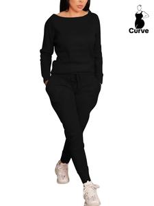 【Plus Size】 Two-Piece Set Solid Color Drop Shoulder Sweatshirt & Drawstring Waist Pants, Casual Fashion Cozy Scoop Neck Long Sleeve Pullover & Pocket Trousers for Daily Outdoor Wear, Women's Two-piece Outfits for Spring & Fall