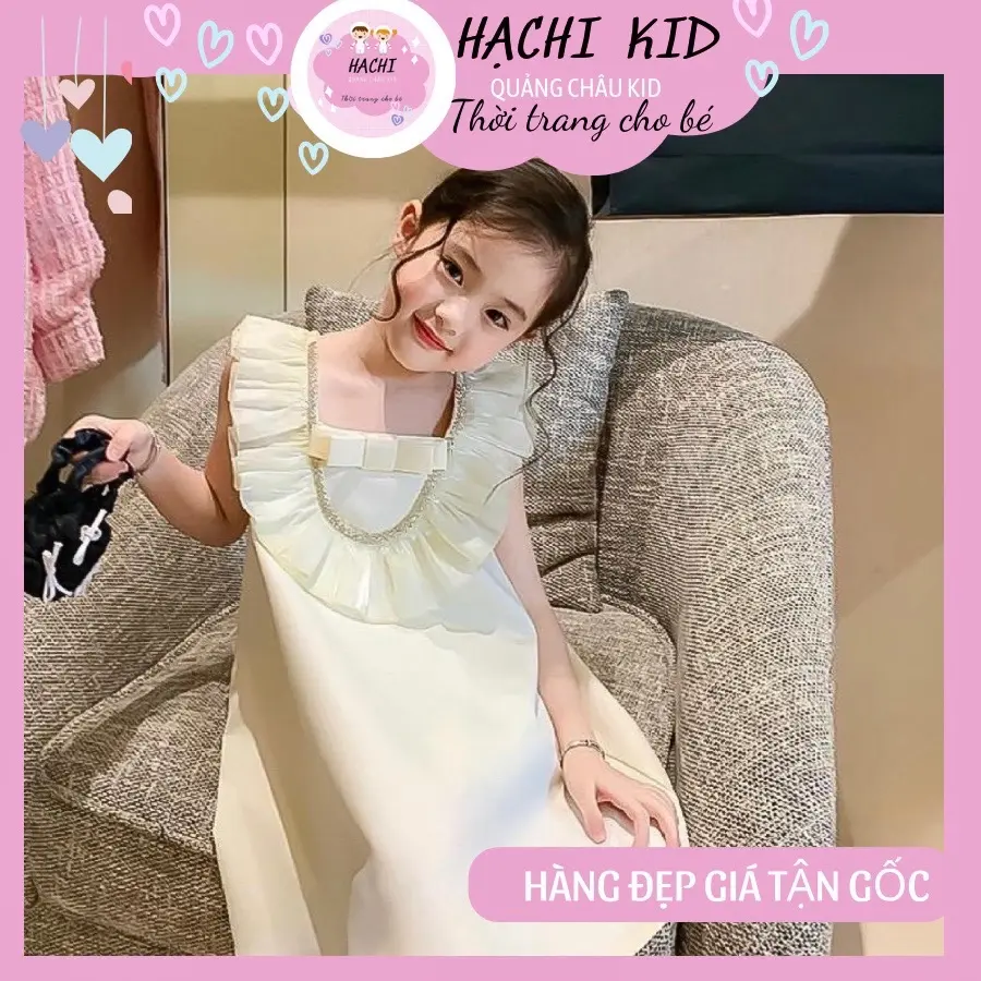Váy tiểu thư cổ bèo cho bé chạy dây đá ở yếm hàng QC đẹp.(10-33kg)