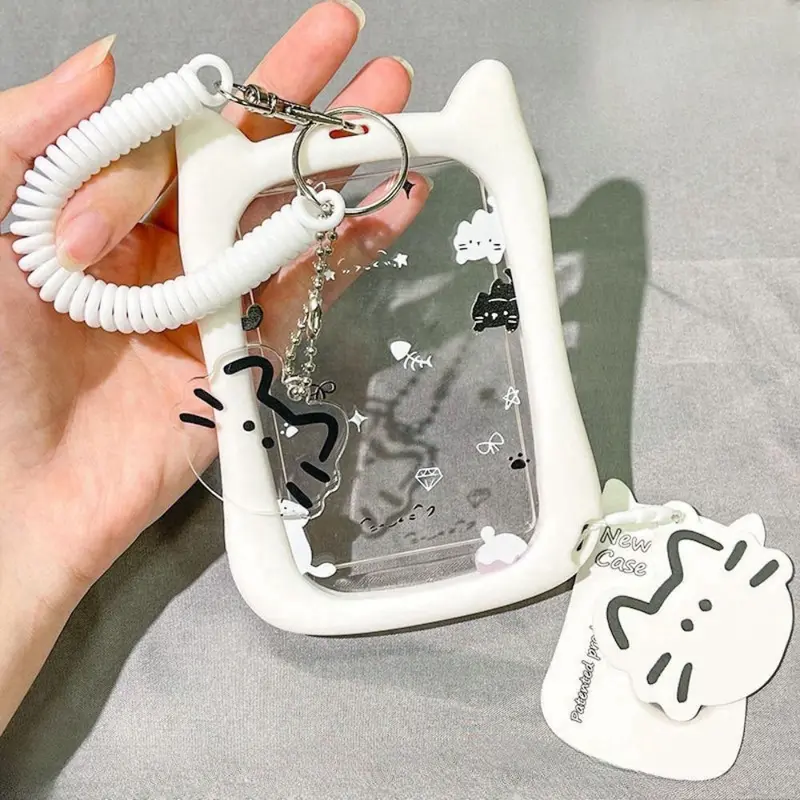 Hộp Đựng Ảnh, Thiết Kế Trong Suốt Dễ Thương, Mặt Dây Chuyền Túi Acrylic Kawaii, Với Thiết Kế Tai Mèo, Cầm Tay, Bảo Vệ Thẻ ID 0