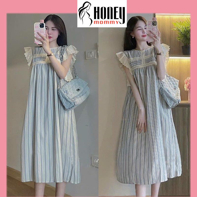 Đầm Bầu Váy Bầu Mùa Hè Cánh Tiên Dáng Xuông Kẻ Sọc Phối Ren Phong Cách Nữ Tính Mặc Đi Chơi Dự Tiệc HD3041 Honey Mommy