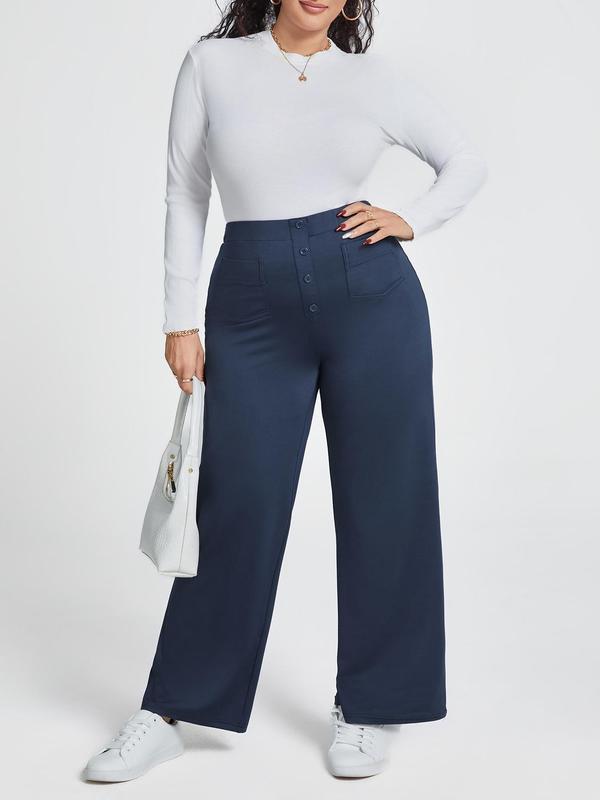 CURVZY Plus Size Solid Pocket Wide Leg Pants, Casual Comfy Trousers for Daily Wear, Women's Bottoms for All Seasons 3