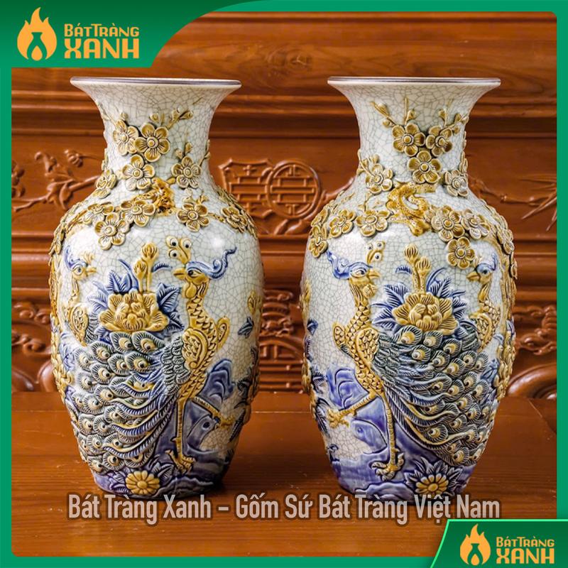 Lọ Lộc Bình Công Đào Men Rạn, Lộc Bình Men Rạn Đắp Nổi Sứ Bát Tràng Cao Cấp, Gốm Sứ Bát Tràng Xanh