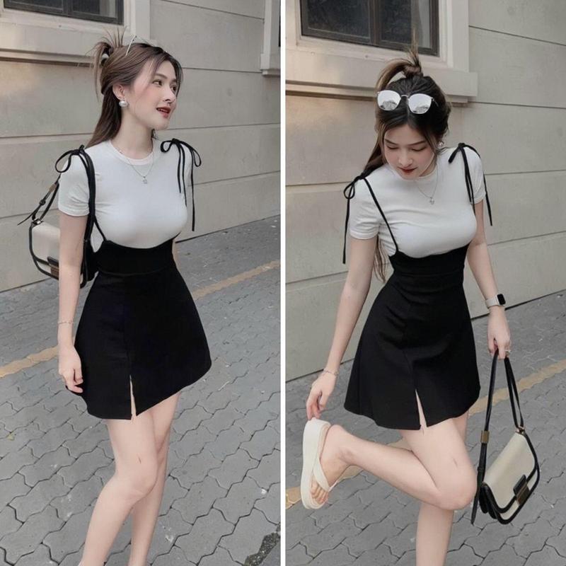 Sét Áo Yếm Áo Bo Tăm Kèm Váy Yếm Xẻ Đùi Cải Tiến Có Quần Trong Nữ Top Women Kem Thun set