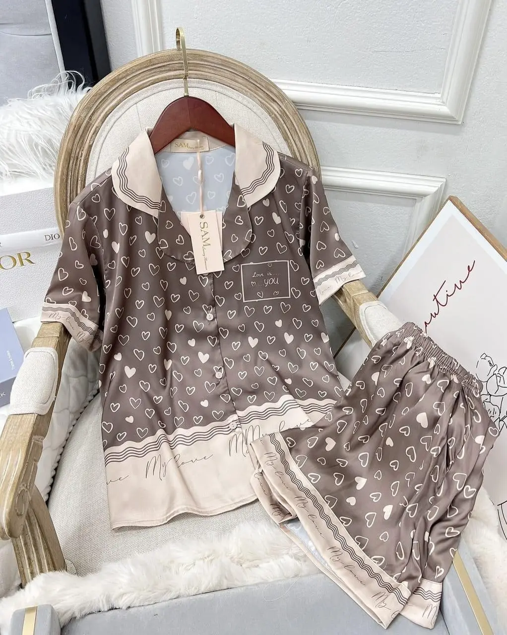 Bộ Pijama Chất Lụa Latin Thiết Kế Kiểu Trái Tim Bộ Đùi PTN17 Nữ Women