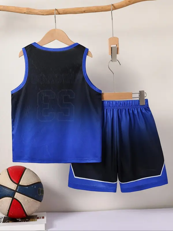 Two-Piece Set Boy's Letter Print Basketball Jersey & Shorts Set, Casual Breathable Quick Drying Basketball Uniform, Kids Sports Clothing for Indoor Outdoor Wear 1