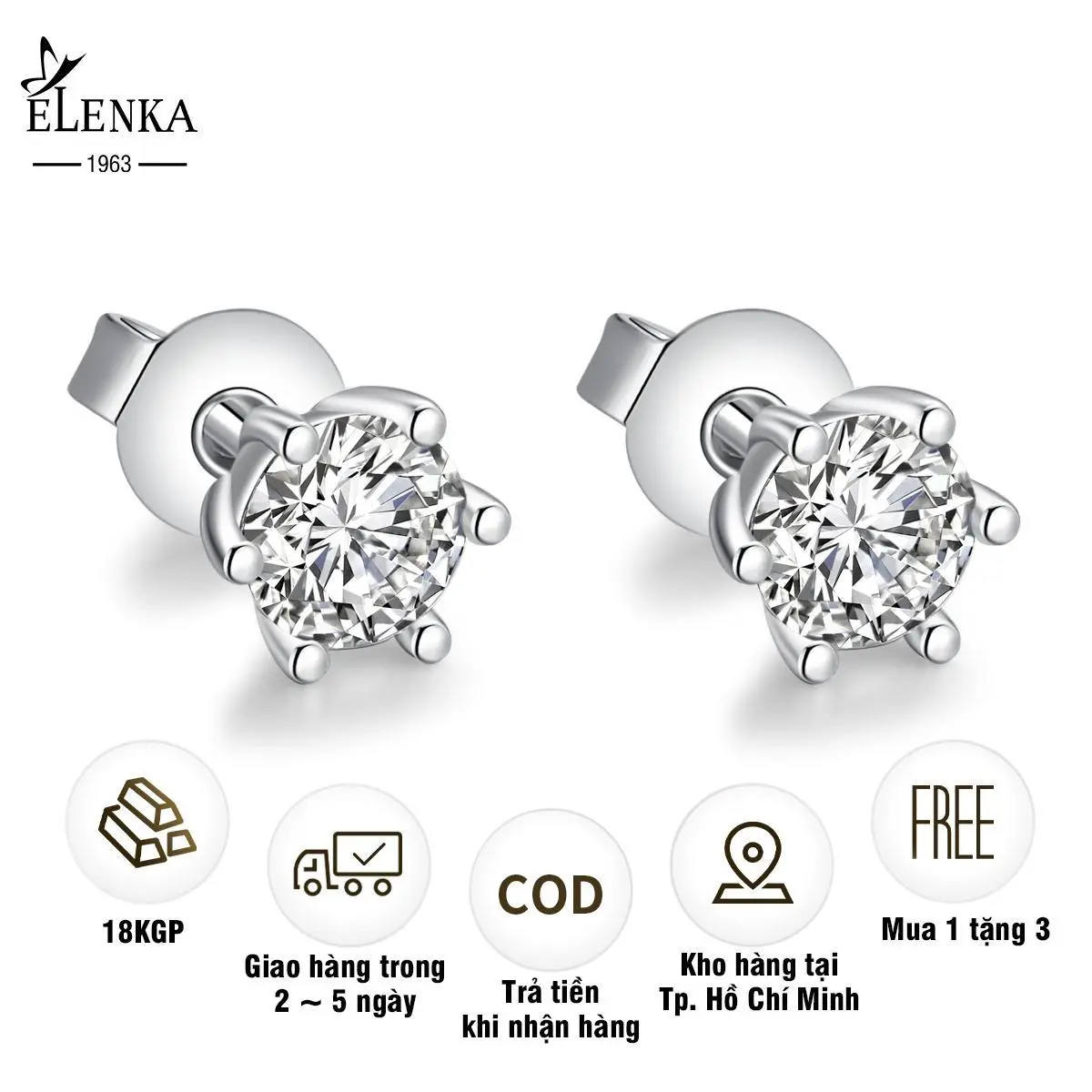 ELENKA - Bông tai mạ vàng 18K nụ đính đá tròn 6 chấu cao cấp nam nữ   khuyên