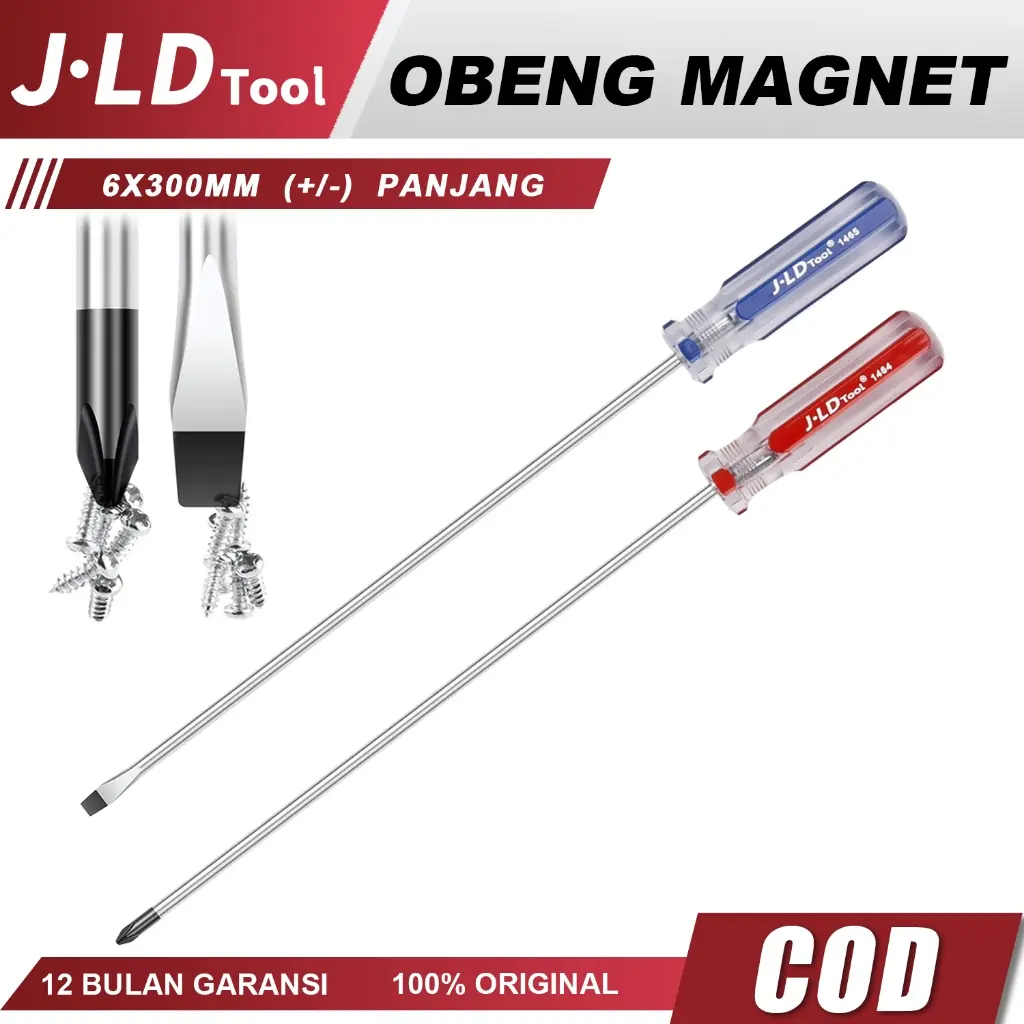 JLD Obeng Magnet Panjang 6x300mm Plus Minus Screwdriver Murah Baja Vanadium Krom Pegangan PVC Anti Selip