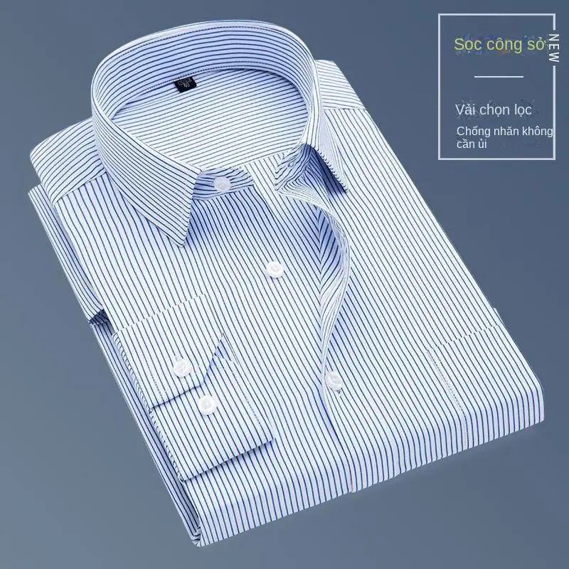 Áo Sơ Mi Cotton Dài Tay Kẻ Sọc, Dành Cho Nam Trung Người Già Và Cao Tuổi, Phong Cách Công Sở Thường Ngày Không Sắt, Dáng Rộng Vừa Vặn, Thích Hợp Cho Bố, Có Túi, Áo Sơ Mi