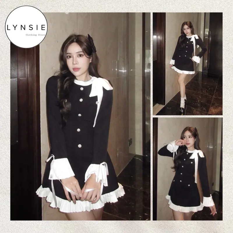 [Cici Dress] Váy đính nơ cổ chiết eo dáng xoè phối li (Ảnh thật shop chụp) 0