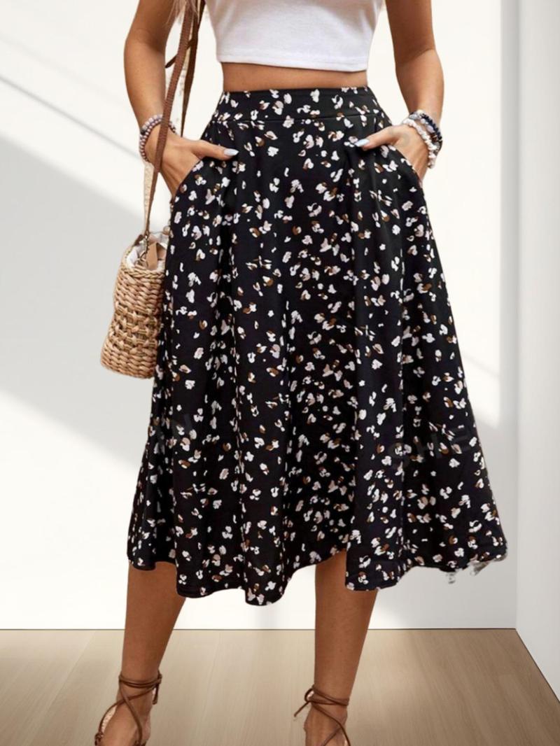 Product Introduction of Women's Ditsy Floral Print High Waist Flared Skirt, Boho Casual Midi A-Line Skirt for Beach Vacation Holiday, Ladies Spring & Fall Bottoms 12