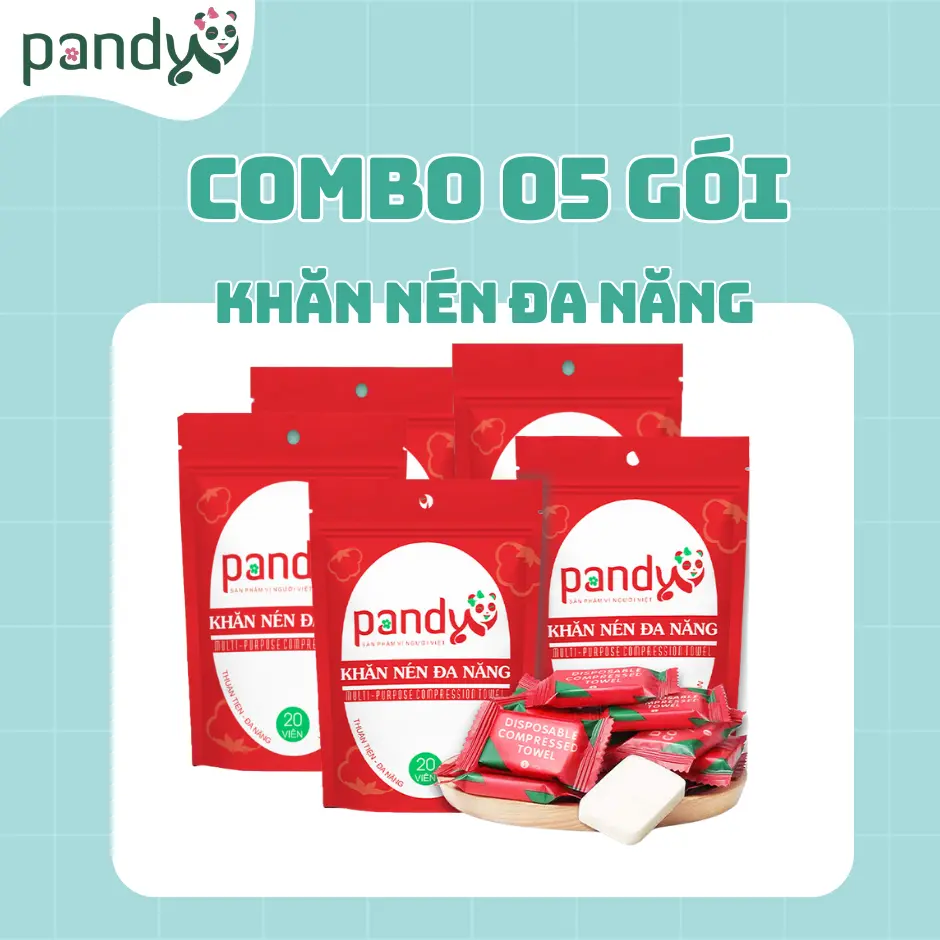 Combo 05 bịch Khăn Nén Du Lịch cho bé và gia đình PANDY vải cotton mềm 2 mặt, dạng viên kẹo túi 20 viên 24x30cm Kem