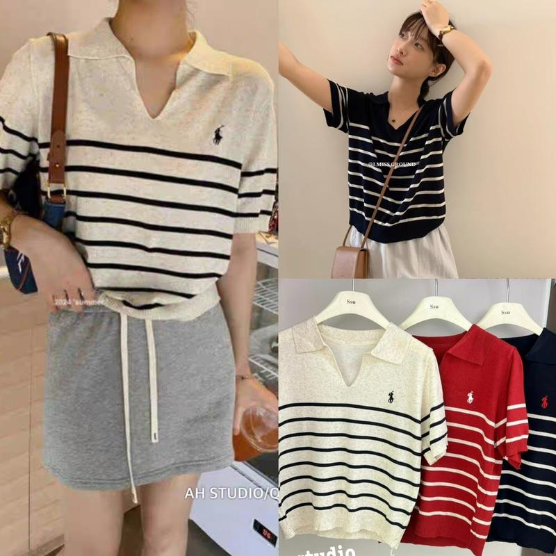 Áo len dệt kim muối tiêu cổ V Kẻ Sọc Thêu Ngựa siêu xinh