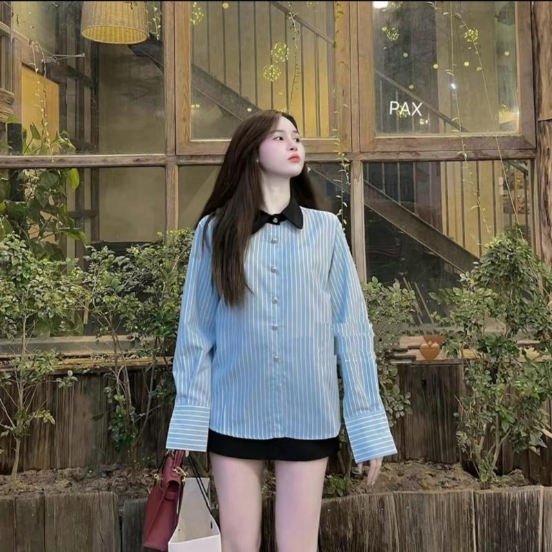Sơ mi kẻ xanh dài tay thanh lịch cho nàng Nữ Women Top 3
