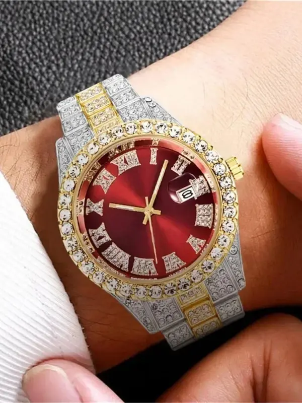 Men's Rhinestone Decorated Quartz Watch with Calendar Feature, Fashionable Round Dial Watch for Party, Daily Clothing Decor, Trendy All-match & Exquisite Watch for Birthday Gift with Box 3