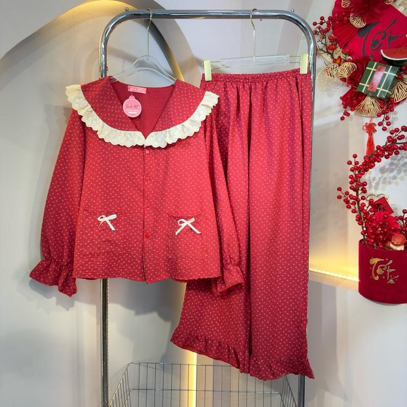 Đồ Bộ Nữ Chất Vải Đũi Hoa Nhí Đỏ , bộ pijama đũi tiểu thư , bộ ngủ thu đông freesize 40-60kg [ Tổng Hợp Mẫu ] Women Nhung Voi  Kem 7