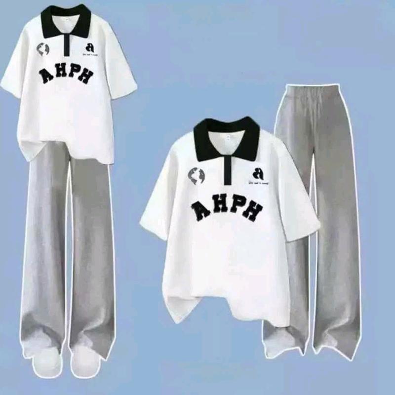 Sét Bộ Đồ Quần Ống Rộng Dây Rút Bản To + Mix Áo Thun Polo Phom Rộng Tay Lỡ - Chữ AHPH - Nữ Women Cotton Top Nhung Ong Jacket Shirt - Cổ Tròn 3