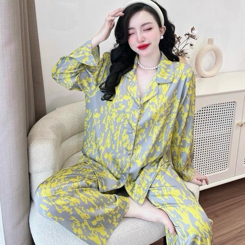 Bộ Quần Áo Lụa Mịn Viền Lé Nút Bọc Tay Dài Quần Dài Hoạ Tiết Sang  Nữ Voi Đồ Ngủ Nữ 1