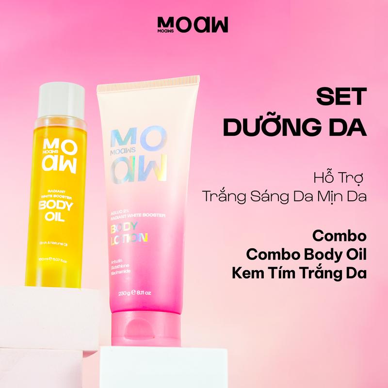 [MUA 3 GIẢM 50%] Combo Liệu Trình Trắng Da - Kem Tím Trắng Da & Body Oil BHA Dưỡng Ẩm Hương Nước Hoa MOAW MOAWS - Dầu Dưỡng Hỗ Trợ Giảm Sần, Rạn Da, Thấm Kem Nhanh - Kem Body Trắng Da, Không Bết - Kem Ủ Body Nâng Tone Da - Kem Dưỡng Phục Hồi Da Khô - S