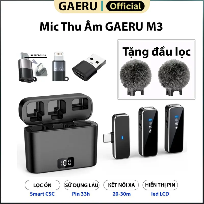 Mic Thu Âm không dây GAERU M3 PRO Cao Cấp, có hộp sạc, 1 mic hoặc 2 mic khử ồn mạnh mẽ cho Táo và Android micro  không 0