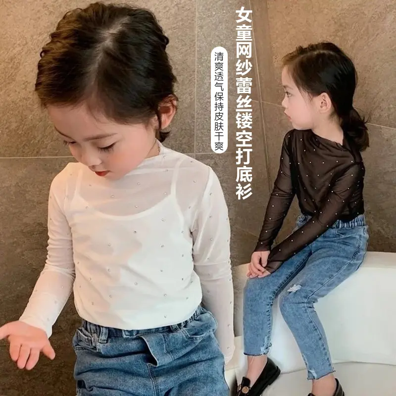 Baby Girl Mesh Top Long Sleeve Hollow Mesh T-Shirt Kids Transparent Sequin Fashion Fashionable Outer Wear Bottoming Shirt Trendy Baby Toddlers Baby Toddlers