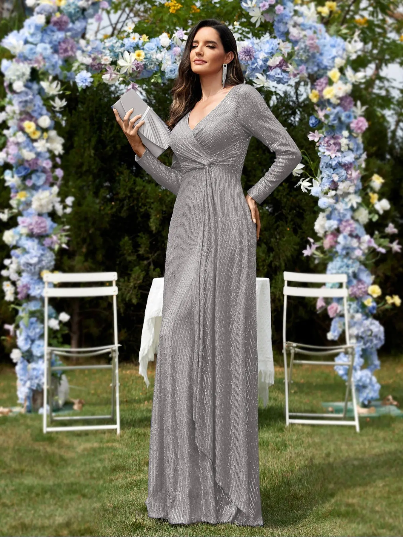 Women's  Wrap V Neck Sequins Evening Dress, Elegant Long Sleeve Maxi Dress for Party & Banquet, Ladies' Clothes for Fall & Winter