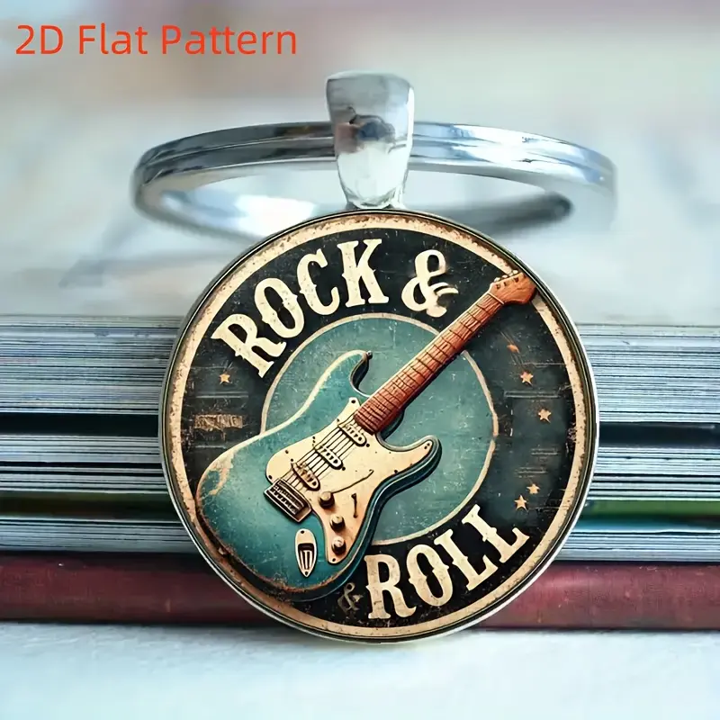 Vintage "Rock & Roll" Guitar Keychain - Zinc Alloy Pendant with Distressed Design, Perfect for Bags, Cars, Home Decor, and Gifts for Music Lovers on Holidays, Music Themed Decor | Stylish Keychain | Crafted Guitar Charm, Guitar Accessories 1