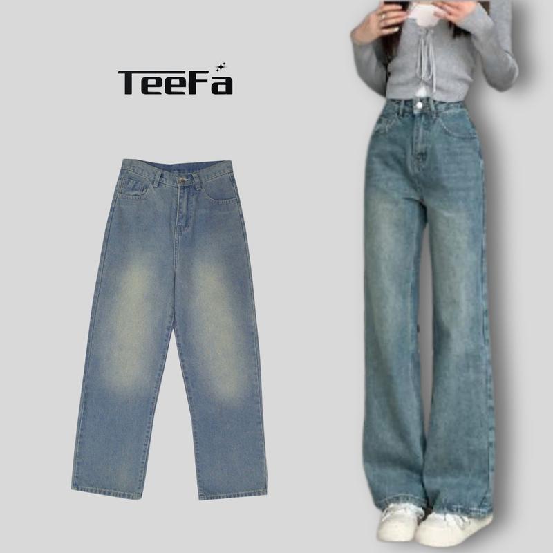 Quần jean nữ Retro ống suông rộng quần jean nữ cá tính Pants Women Ong Denim quandai quần bò size xs Có Túi Có Túi quân jeannu