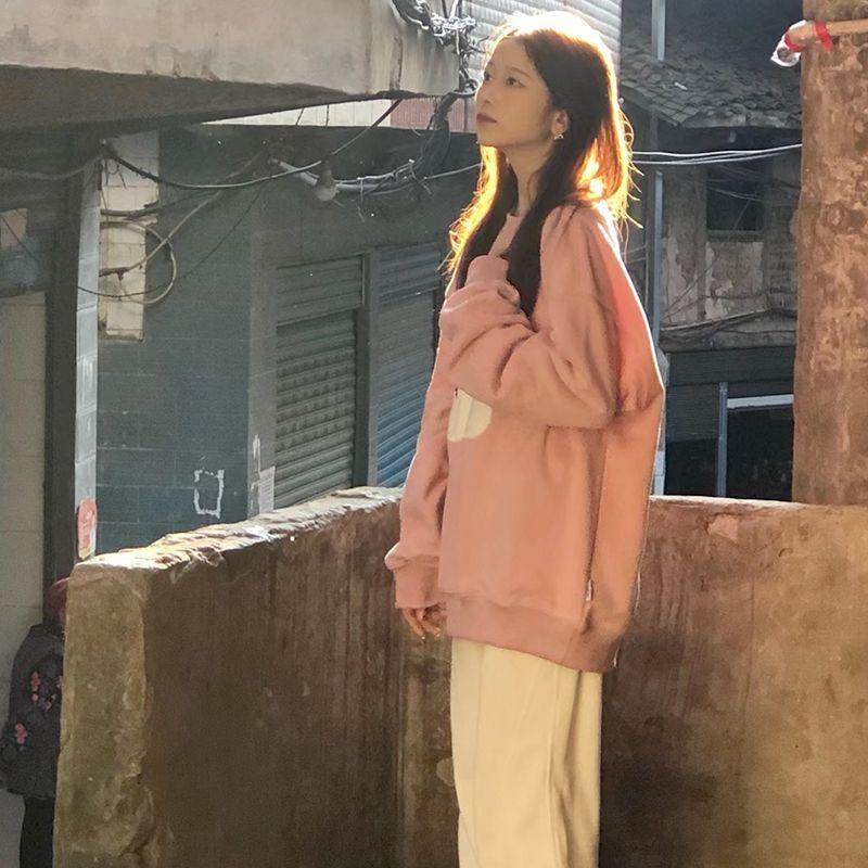 Áo Hoodie Chải Cổ Tròn, Màu Hồng Dễ Thương Hợp Xu hướng Dành Cho Nữ, Thích Hợp Cho Mùa Thu Và Mùa Đông, Phong Cách Hàn Quốc, Dáng Rộng Vừa Vặn, Thích Hợp Cho Học Sinh, Phong Cách Thường Ngày Áo Dễ Phối Đồ Thời Trang 3