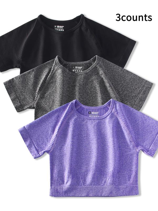 Women's Hollow Out Raglan Sleeve Crop Sports Tee, Breathable Round Neck T-shirt for Yoga Gym Workout Running, Ladies Sportswear Clothing for All Seasons 7