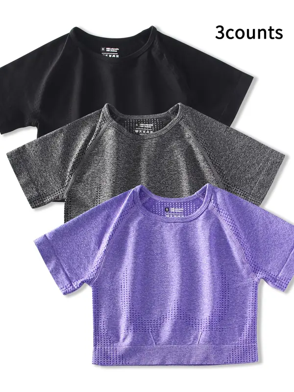 Women's Hollow Out Raglan Sleeve Crop Sports Tee, Breathable Round Neck T-shirt for Yoga Gym Workout Running, Ladies Sportswear Clothing for All Seasons 7
