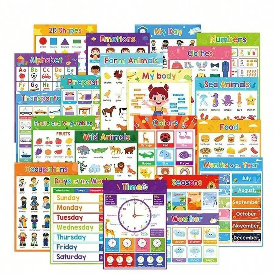 Educational Learning Poster, 4 Counts/set Number Alphabet Animal Wall Canvas Poster, Classroom School Decoration Wall Art, Frameless