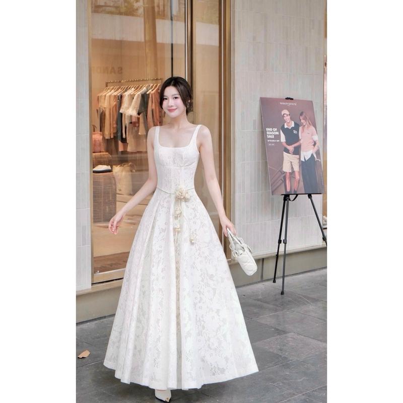   UnihomePREMIUM   40-80Kg  Đầm Váy Maxi Ren Hoa Ép Cao Cấp Cổ Vuông Form Xòe Kèm Belt Hoa  Có BigSize  CH346 