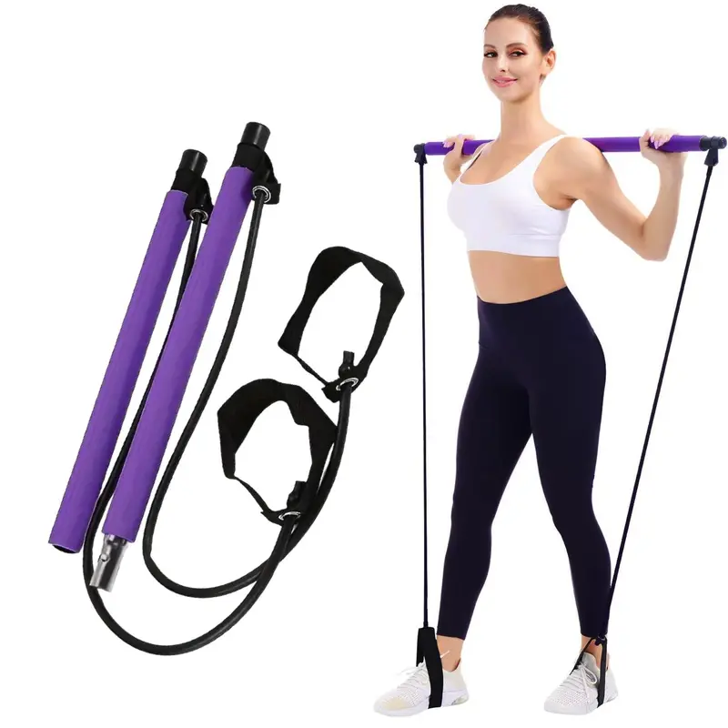 Yoga Pilates Resistance Band, Yoga Pilates Bar with Resistance Band, Full-body Fitness Elastic Resistance Rope Stick, Home Fitness Gym Bodybuilding Workout Equipment for Women, Back to School Essentials, Home Workout Stretching Equipment 0