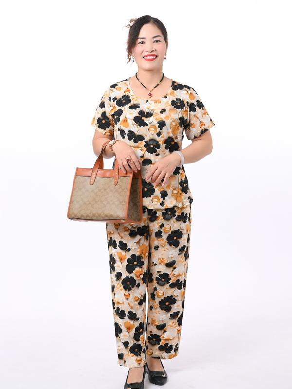 (DÀI TAY NGẮN XXL) đồ bộ LỤA TƠ TẰM in hoa lá  cao cấp BIG SIZE cho mẹ và bà tay ngắn, quần ống rộng, mềm mại , mịn mát Voi Ong Women Nữ dobo Áo Sen Top đobo tang me 1