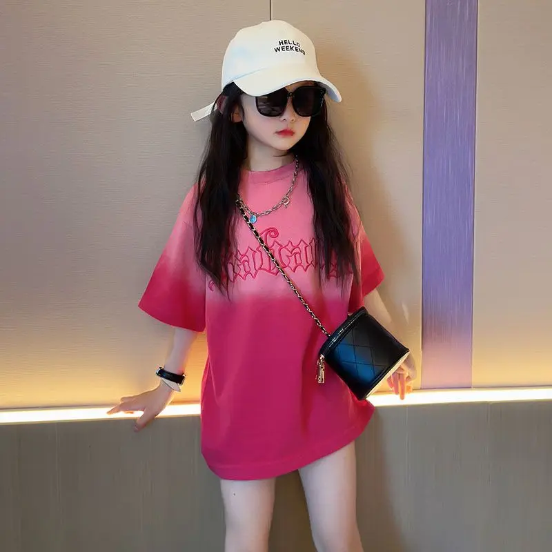 Áo Thun Bé Gái, Hàng Mới Về Mùa Hè 2024, Áo ngắn Tay Áo Thun Cotton Gradient Phong Cách Phương Tây Cho Bé Gái, Tay Lửng Mùa Hè Hợp Xu hướng Women
