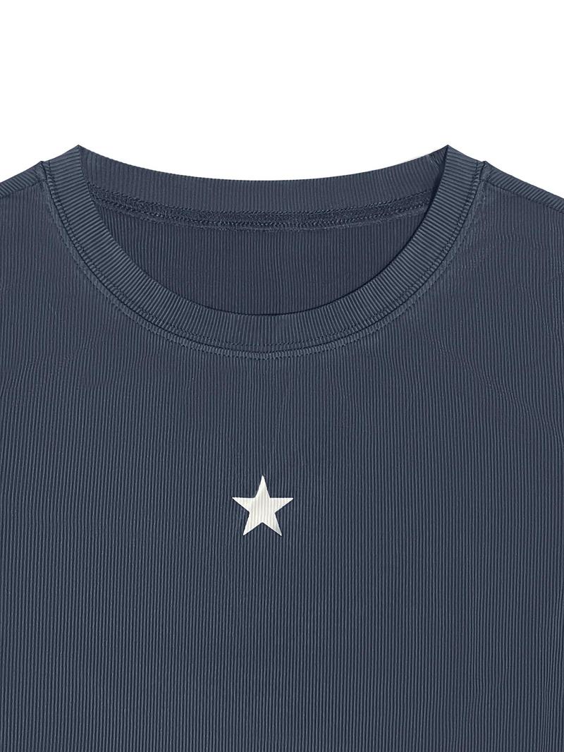 Product Introduction of Women's Star Print Round Neck Ribbed Tee, Casual Long Sleeve Crew Neck T-Shirt for Spring & Fall, Fashion Women's Top for Daily Wear 13