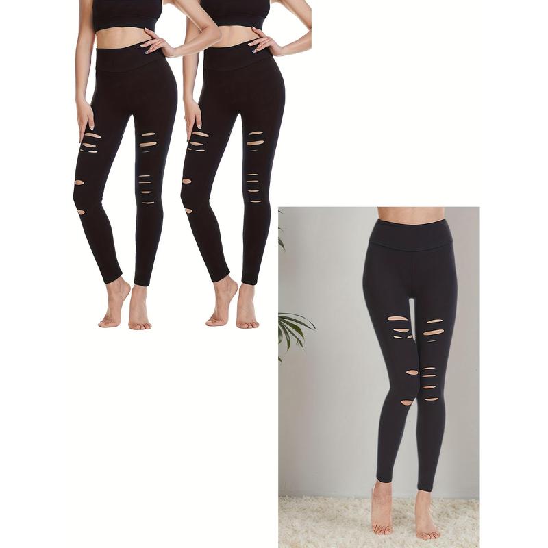 Women's High-Waist Ripped Yoga Leggings - Breathable, Stretchy Workout Pants for Fitness & Outdoor Activities, Black 2