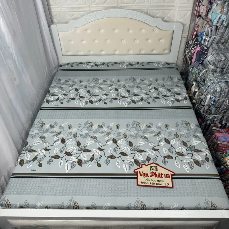 Áo Bọc Nệm Khóa Kéo 2 Mặt Mẫu DÂY LÁ XÁM Thun Lạnh Hàn Quốc 6