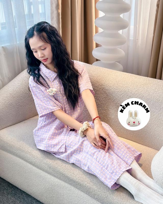Bộ kẻ caro Cộc Dài Minoji Store nhiều màu chất đũi họa tiết dễ thương phong cách Hàn Quốc 5