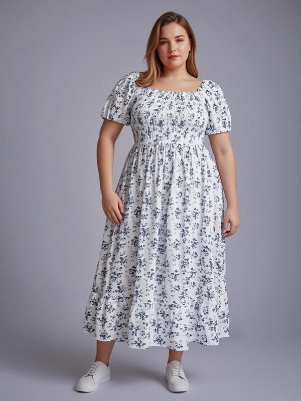 【Plus Size】Frenchy Style Ditsy Floral Print Puff Sleeve A Line Maxi Dress, Square Neck Shirred Dress, Dresses for Women, Dresses for Women, Women's Clothes for Summer, Summer Dresses, Womenswear 2
