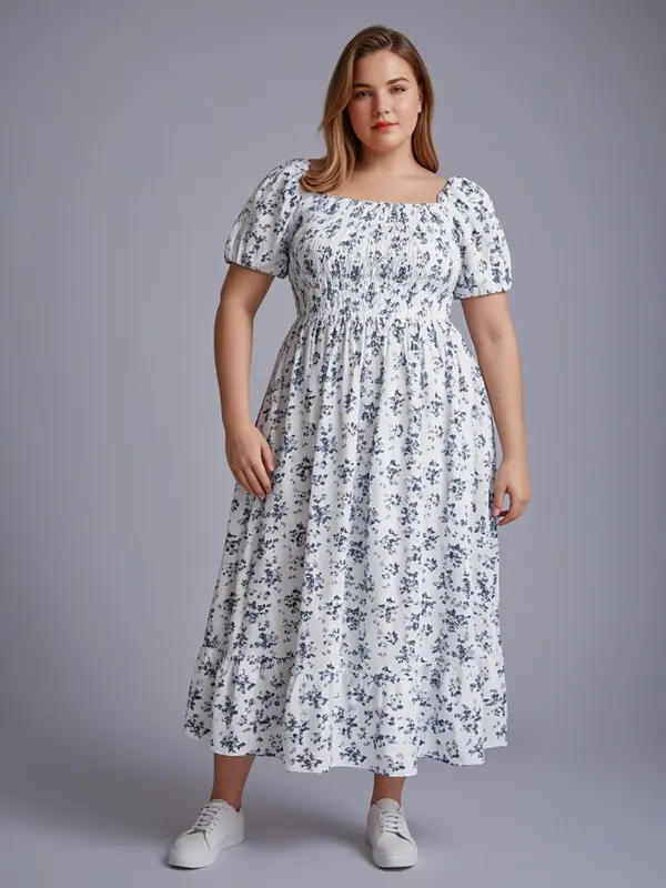 【Plus Size】Frenchy Style Ditsy Floral Print Puff Sleeve A Line Maxi Dress, Square Neck Shirred Dress, Dresses for Women, Dresses for Women, Women's Clothes for Summer, Summer Dresses, Womenswear 2