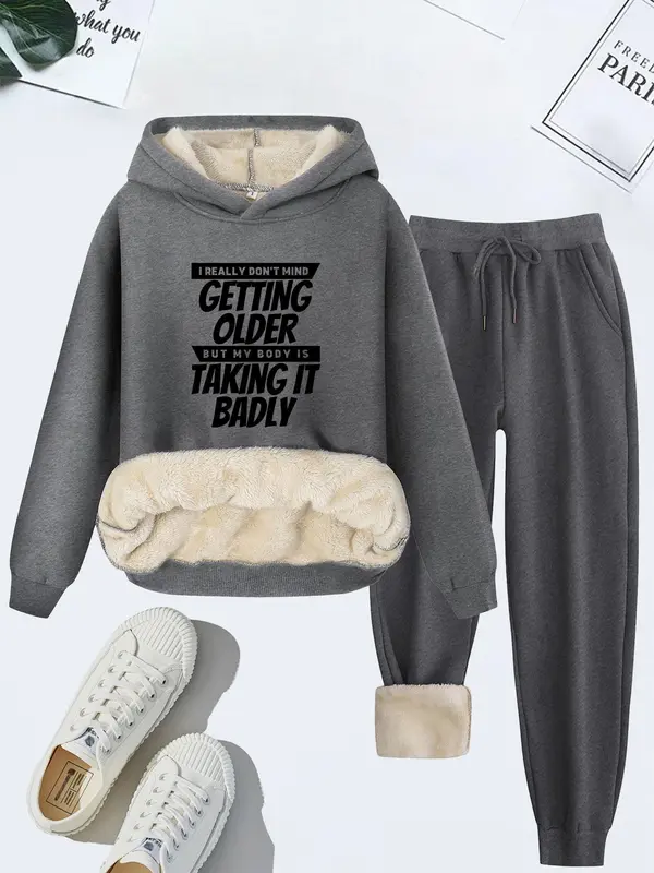 Women's Letter Print Thermal Lined Sweatshirt & Drawstring Waist Sweatpants Two-piece Set, Casual Long Sleeve Hoodie & Pocket Jogger Pants, Women's Fall & Winter Clothes 1