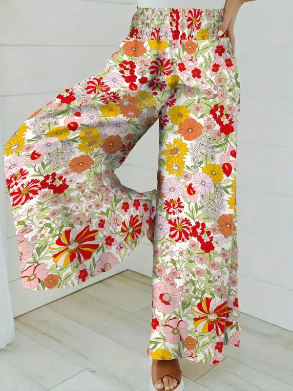 Plus Size Floral Print Shirred Wide Leg Pants, Boho Casual High Waist Trousers for Daily Holiday Vacation Wear, Women's Plus Size Bottoms for Summer 3
