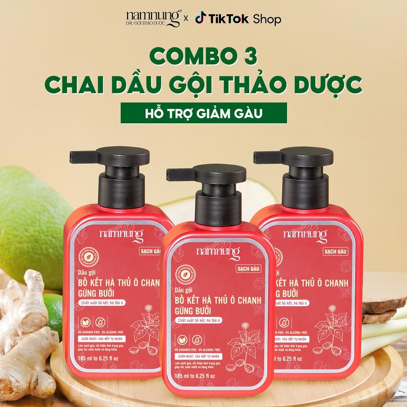 Combo 03 chai dầu gội thảo dược Nam Nung, dầu gội hỗ trợ giảm gàu nấm ngứa 185ml chiết xuất thiên nhiên Bồ kết hà thủ ô dành cho mọi loại da đầu Chăm sóc tóc Dưỡng tóc Nữ