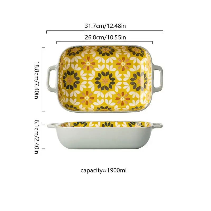 Floral Pattern Rectangular Baking Dish, 1 Count Double Handle Baking Pan, Baking Tray, Kitchenware for Home Use, Housewarming Gift 8