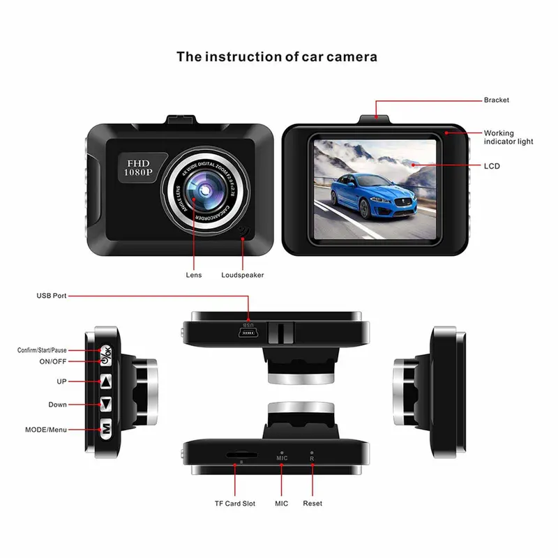 Camera hành trình, Camera ô tô FHD 1080P, Camera hành trình trên ô tô với màn hình 2.0 inch, Camera bảng điều khiển, Tầm nhìn ban đêm, Hỗ trợ tối đa thẻ 32GB 7