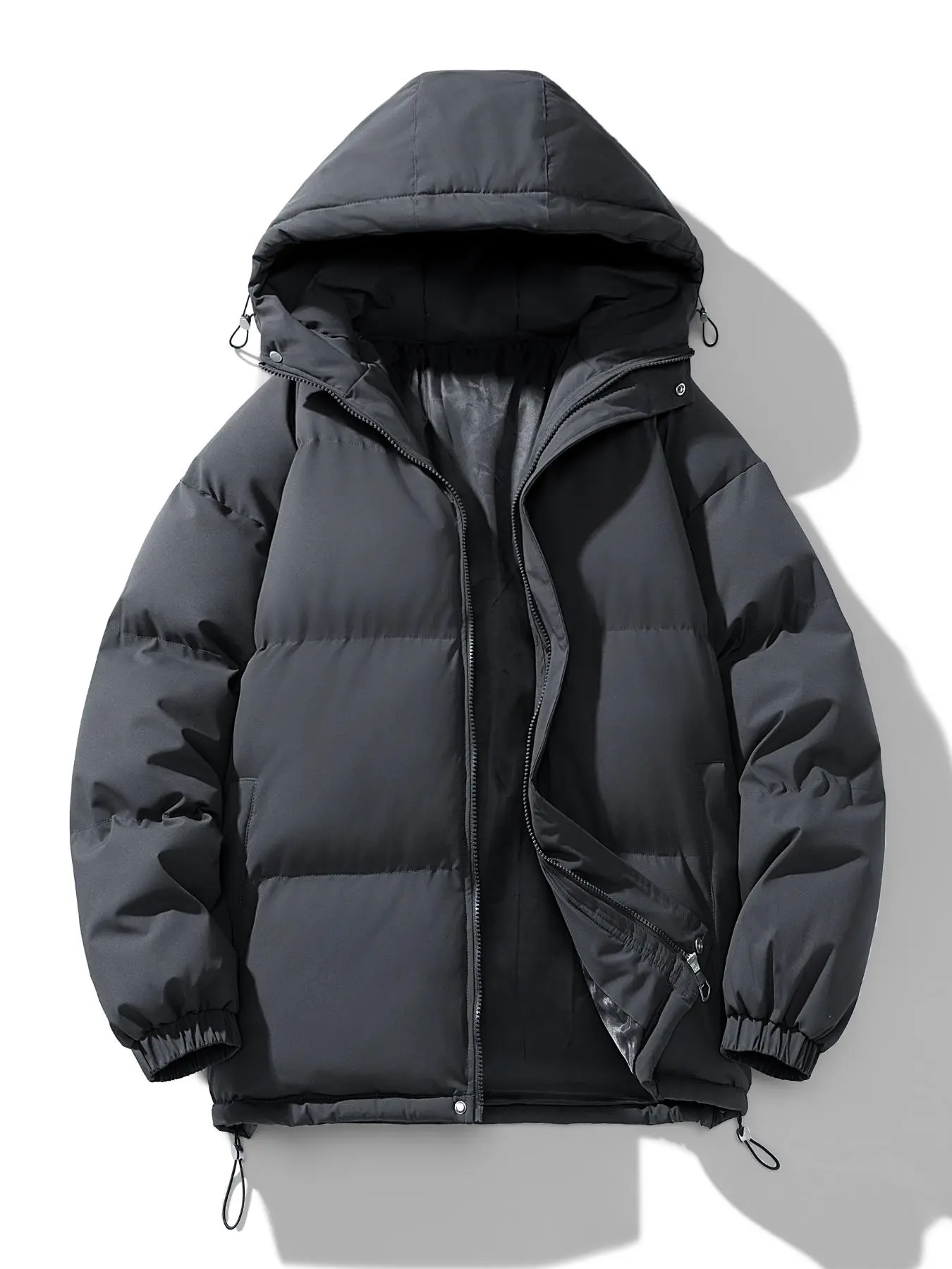 Men's Solid Pocket Drawstring Hooded Jacket, Loose Casual Long Sleeve Zip Up Outerwear for Fall & Winter, Men's Clothes for Daily Wear, Men's Clothing, Coat