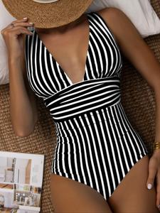 Traje de baño de mujer con estampado de rayas, escote en V y espalda descubierta, atuendos de verano 2024, traje de baño casual con correa ajustable para verano, traje de baño para damas para vacaciones en la playa